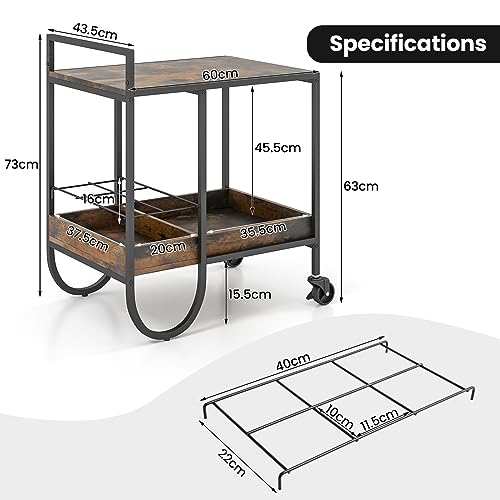 Giantex Bar Cart, Liquor Beverage Serving Cart with 6-Bottle Removable Metal Wire Wine Rack, Modern Kitchen Cocktail Cart with Wheels, 2 Tier Kitchen Rolling Bar Carts for Living Room, Rustic Brown