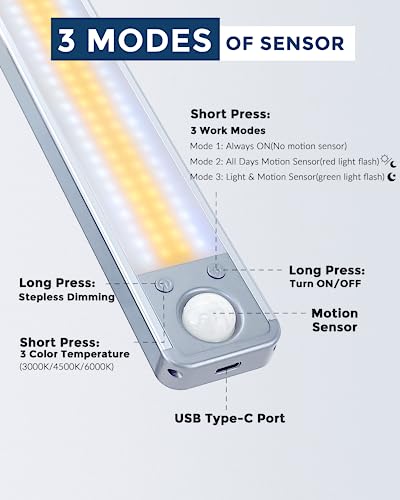 MERTTURM Under Cabinet Light, 14Inch Wireless Closet Light, 3000mAh Rechargeable LED Motion Sensor Light Indoor with 3 Light Colors, Dimmable Under Counter Light for Kitchen Wardrobe Cupboard