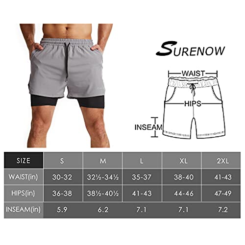 Surenow Mens 2 in 1 Running Shorts Quick Dry Athletic Shorts with Liner, Workout Shorts with Zip Pockets and Towel Loop, Light Grey, Medium