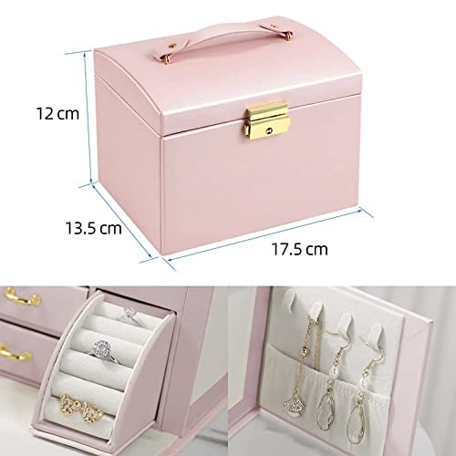 Jewelry Organizer Box Large-capacity Storage 3 Layer with Mirror and Lockable for Her Earrings Rings Bracelet Necklaces Girl and Woman Anniversary Mother's Day Valentines Gifts, TOJUNE (Pink)