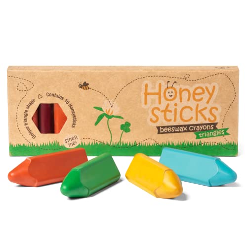 Honeysticks Triangular Crayons - 100% Pure Beeswax, Food Grade Colours, Non Toxic Crayons for Baby, Toddlers Ages 1-3, 2-4, Triangle Shape for Pencil Grip Development, Handmade in New Zealand 10 Pack