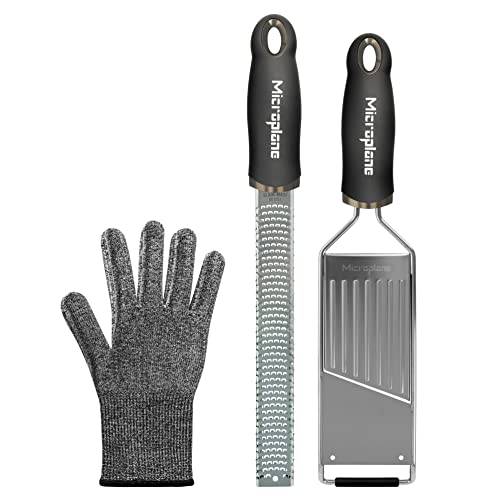 Microplane Kitchen Grater Set (Zester, Slicer & Glove) for Hard Cheese, Cucumber, Potatoes, Zucchini, Citrus Fruits with Stainless Steel Blades