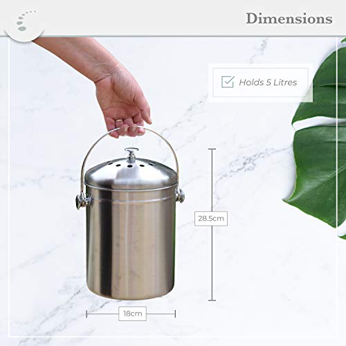 Zenify Earth Stainless Steel Compost Bin Kitchen Countertop 5L - Odourless Double Charcoal Caddy - Australian Owned