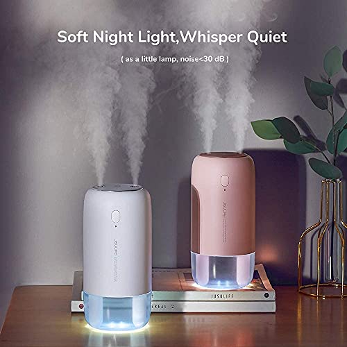 JISULIFE Small Humidifier, 500ml Portable Travel Humidifier, 3600mAh Battery Operated Humidifier for Car Desk Home Office, Auto Shut-Off, Dual Mist Ports, Whisper Quiet (White)