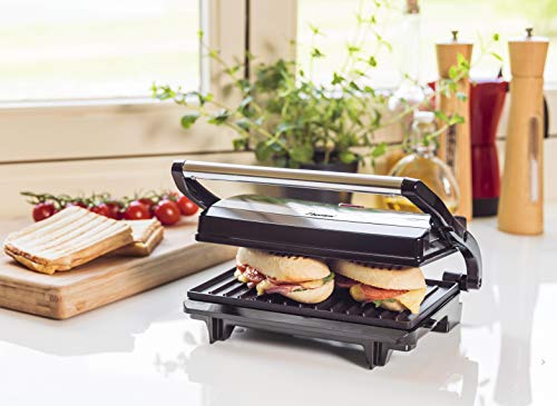 Bestron Electric contact grill with drip tray, sandwich maker with cool touch handle, panini maker with non-stick coating, 700 Watt, APM123Z, colour: black, 22.5 x 14 cm