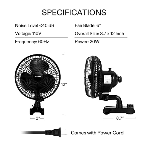 VIVOSUN AeroWave A6 Grow Tent Clip Fan, Patented Portable Auto Oscillating Fan 6" with 2-Speed, Strong Airflow but Low Noise, and Fully-Adjustable Tilt for Hydroponic Ventilation, Black, 2-Pack