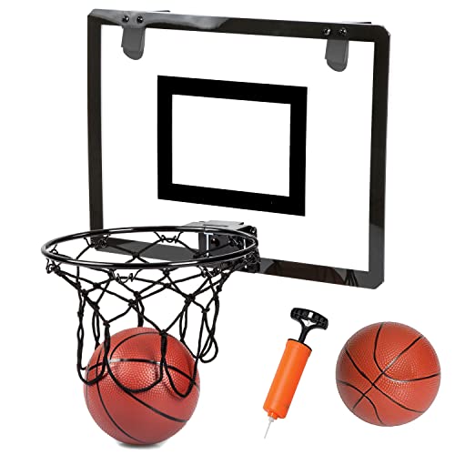 Play Platoon Over The Door Basketball Hoop - Indoor Wall Mounted 16x12 Inch Mini Basketball Hoop Set, Shatter Resistant Backboard & Steel Rim - 2 Balls & Air Pump, Black - US Veteran Owned Company