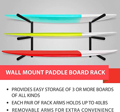 Yes4All Heavy Duty Steel Wall Mount Paddle Board Racks, Surfboard Hanger with Padded Foam, Store & Display Up to 3 Surfboards, Snowboards, Longboards, Black, 34.25" x 5.51" x 3.54"