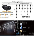 600LED(14.9M)/960LED(23.9M) Snowing Icicle Christmas Party Lights 8 Functions with Memory (Warm White, 23.9)