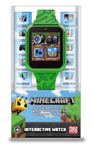 Accutime Kids Microsoft Minecraft Green Educational Touchscreen Smart Watch Toy for Boys, Girls, Toddlers - Selfie Cam, Learning Games, Alarm, Calculator, Pedometer & More (Model: MIN4045AZ), Green, 40mm, Modern