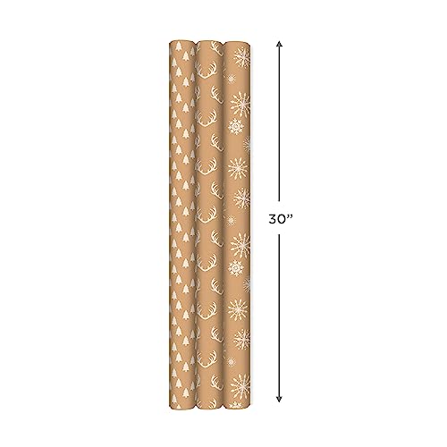 Hallmark Recyclable Kraft Wrapping Paper with Cut Lines (3 Rolls: 90 Sq. Ft. Ttl.) Minimalist Christmas, White Trees, Deer Antlers, Snowflakes on Brown Kraft for Holidays, Weddings, Winter Solstice, 30 Sq Ft (0005JXW1210)