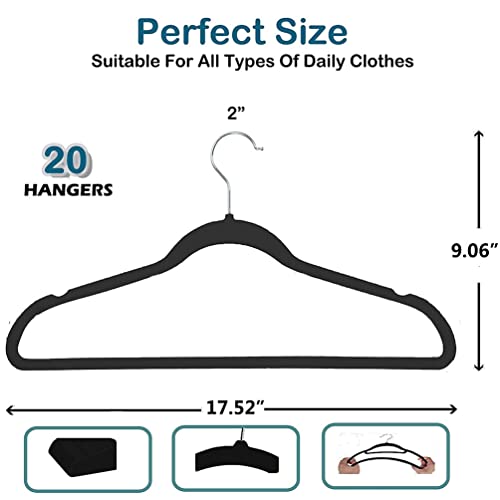 iDopick Non-Slip Velvet Hangers, 20 Pack Suit Clothes Hook Swivel 360-Ultra Hangers Space Saving for Coats, Shirt Dress, Tie, Pants & Closet Organizer (Black)