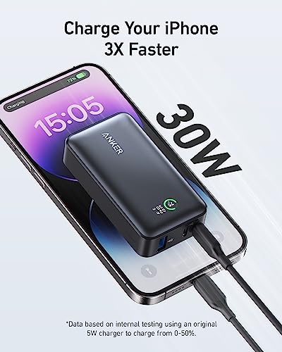 Anker Power Bank, Power IQ 3.0 Portable Charger with PD 30W Max Output (PowerCore 30W), 10,000mAh Battery Pack for iPhone 15/15 Plus/15 Pro/15 Pro Max, MacBook, Dell, Microsoft Surface, and More