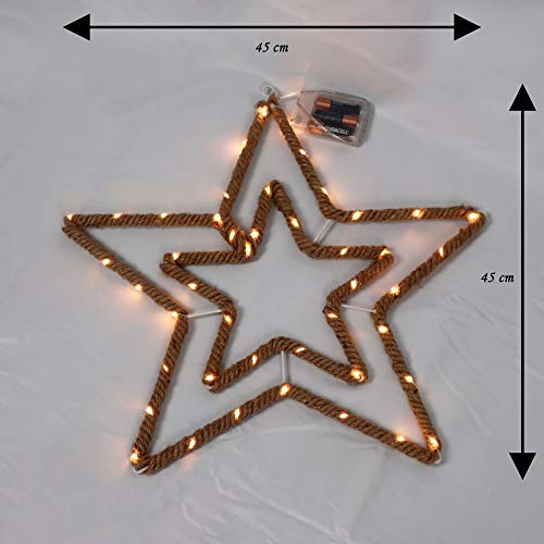 SHATCHI Christmas Star Silhouette LED Hemp Rope Lights Xmas Decoration Battery Operated Holiday Garden Home Wall Room Hanging Décor, Brown, Large