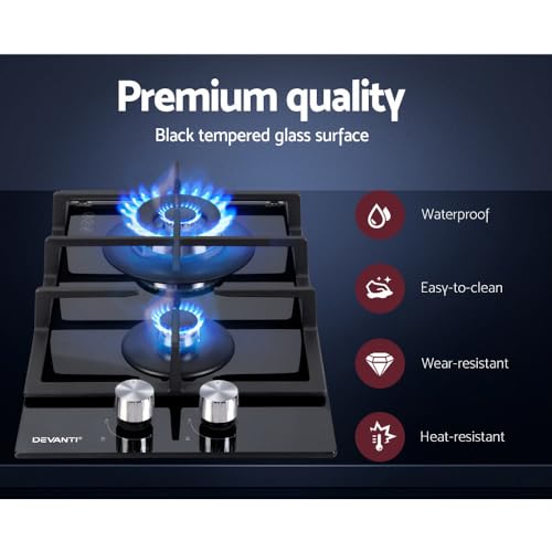 Devanti Gas Cooktop, 30cm 2 Burner Portable Stove Electric Cooktops Wok Burners Cooker Super Powerful Stoves Home Kitchen Appliances, Stainless Steel Tempered Glass Surface Knob Controls Black