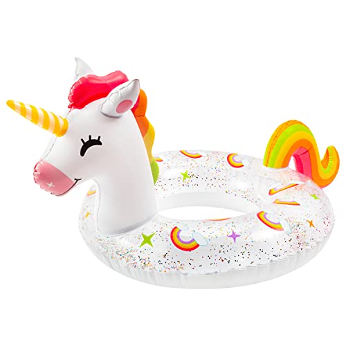 Zainpe Inflatable Unicorn Pool Float with Glitters Inflation Swimming Ring Outdoor Water Inflatable Lounge Raft Tube Summer Fun Beach Floaties Vinyl Swim Floaty Pool Toy for Kids Adults White