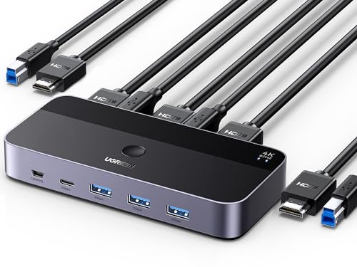 UGREEN USB 3.0 KVM Switch 4K@60Hz High-Speed Transmission Share 3 USB + 1 Type-C Ports for Keyboard Mouse Hard Drives Printer to One Monitor HDMI KVM Switch with 2 USB Cables and 2 HDMI Cables