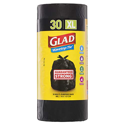 Glad Wavetop Tie Garbage Bags, 30 Extra Large Multipurpose Rubbish Bags, XL Size Fits 80L Bin, 30 Count