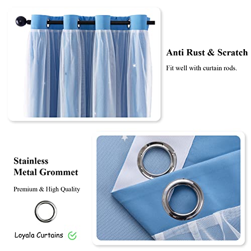 Loyala Star Curtains, Blackout Curtains for Bedroom, Cute Curtains, Kids Blackout Curtains, Double Layer Curtains, Light Blocking Curtains 63 Inch Length 2 Panels, Blue Curtains, 52 X 63 Inches
