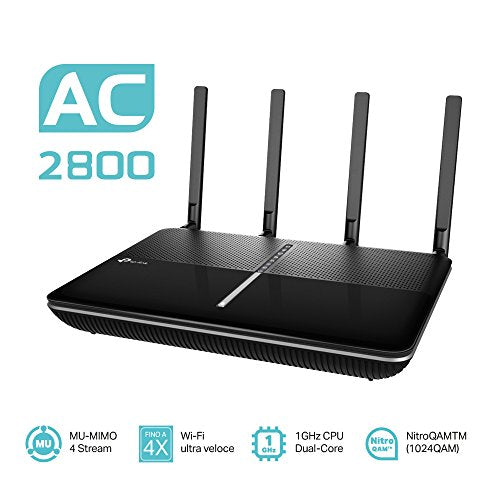 AC2800 Wireless MU-MIMO VDSL/ADSL Modem Router Broadcom 1.0GHz dual-core CPU 802.11ac/a/b/g/n 2167Mbps at 5GHz + 600Mbps at 2.4GHz MU-MIMO 1024QAM Beamforming 4 GE Ports 2 USB 3.0 ports 4 detachable a