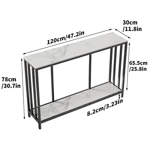 2 Tier Console Table Hallway Unit: Marble Top Consoles Desk 120x30x78cm Long High Gloss Sintered Stone Marbles Black Frame Frame Narrow Tall Modern Sofa Storage Side Tables Living Room