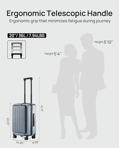 NINETYGO Carry on Luggage with Front Compartment, Airline Approved, 20-Inch Suitcases with Wheels for Trips, Men, Women, 22 X 14 X 9 Inches (Plein Air Blue)