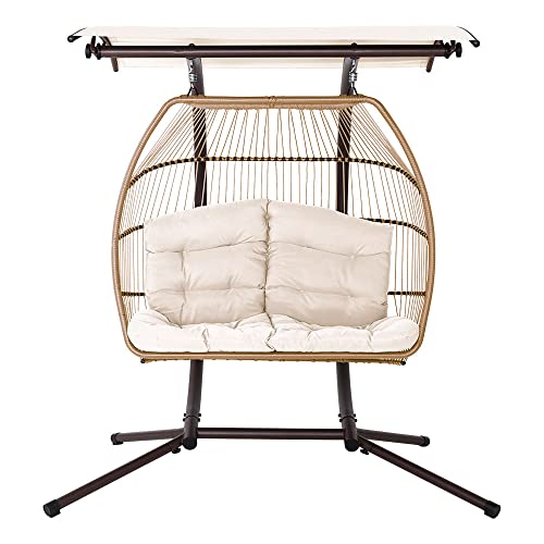 Gardeon Outdoor Swing Chair Rattan 2 Seater Latte Garden Bench Hanging Seat, Patio Baconly Furniture Chairs, with Adjustable Canopy Cushions Stand Wicker Basket Water Resistant 200kg Capacity