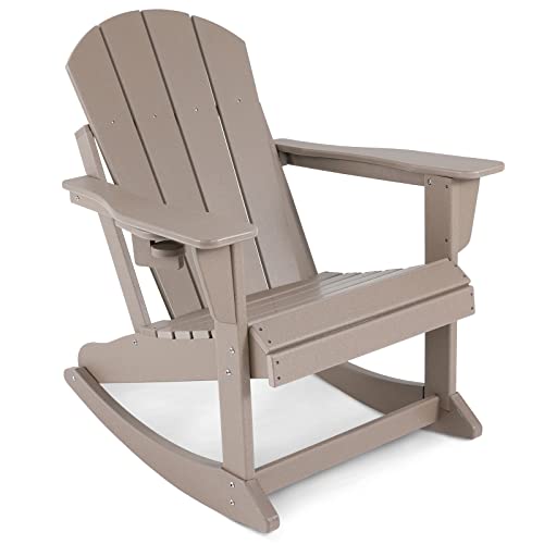 ABCPATIO Adirondack Rocking Chairs Weather Resistant Outdoor Patio Chair with Cup Holder, Seat Width 20" Light Brown