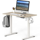 SHW Small Electric Height Adjustable Sit Stand Desk with Hanging Hooks and Cable Management, 40 x 22 Inches, White Frame and Maple Top