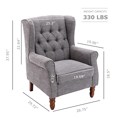 COLAMY Living Room Accent Chairs Set of 2, Thick Upholstered Button Tufted Wingback Armchair Fabric Mid-Century Modern Sofa Arm Chair, Solid Wood Legs Padding Seat, Grey
