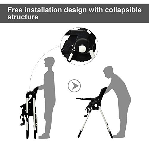 BABY JOY High Chair for Babies & Toddlers, Foldable Highchair with Multiple Adjustable Backrest, Seat Height and Footrest, Removable Tray, Detachable PU Leather Cushion, Built-in Rear Wheels (Black)