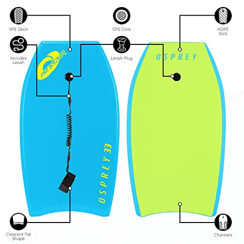 Osprey 33” Bodyboard with Adjustable Wrist Leash for Kids and Adults, Lightweight Bodyboard with XPE Deck, Crescent Tail and EPS Core, Multiple Colours and Design, Yellow, 33 Inch