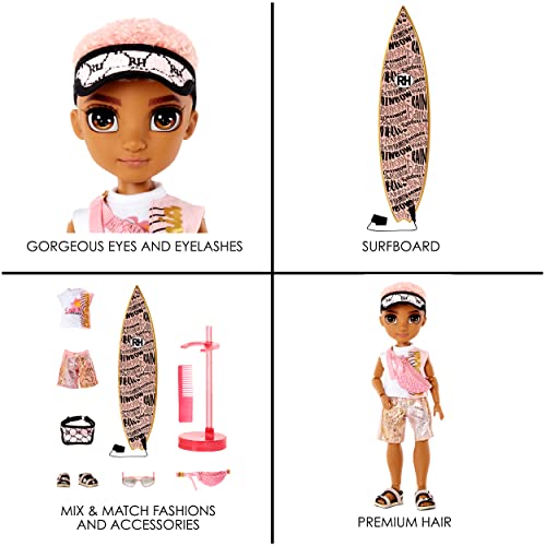 Rainbow High Pacific Coast Finn Rosado- Rose Gold Boy Fashion Doll with Pool Accessories playset, and Surfboard. Great for Kids 6-12 Years Old, (581888)