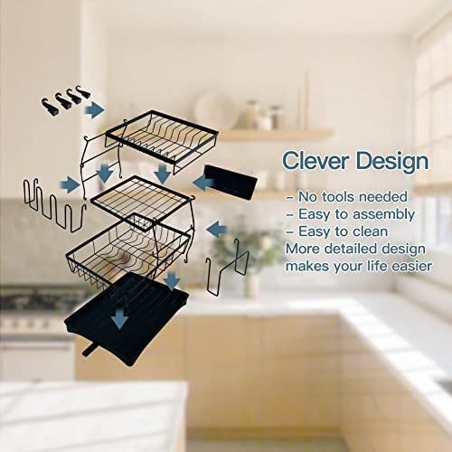 AILRINNI Dish Drying Rack - Detachable 3 Tier Dish Rack and Drainboard Set, Large Capacity Dish Drainer Organiser Shelf with Utensil Holder, Cup Rack for Kitchen Counter, Black