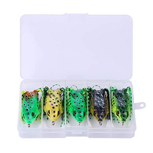 OriGlam 【Happy Shopping Day】 5pcs Topwater Frog Lures, Frog Crankbait Tackle, Frog Fishing Lures Soft Fishing Baits, Hollow Body 3D Eyes Frog Lure Weedless Swimbait with Hook for Bass Pike