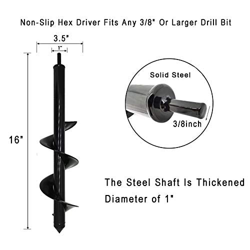 Auger Drill Bit for Garden 3.5x16 Inch Spiral Drill for Planting Flower Bulbs Bedding Post Hole Digger for 3/8” Hex Drive Drill