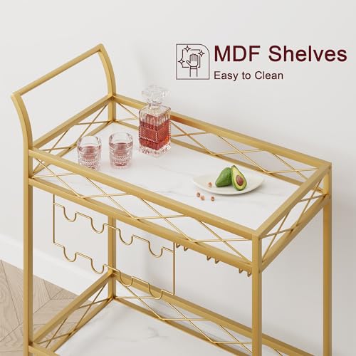 IDEALHOUSE Gold Bar Cart, 2 Tier Bar Carts for The Home, Bar Carts with 4 Wheels, White Marble Finish Wood Shelf , Wine Rack & Glass Holder for Kitchen, Living Room, Dining Room