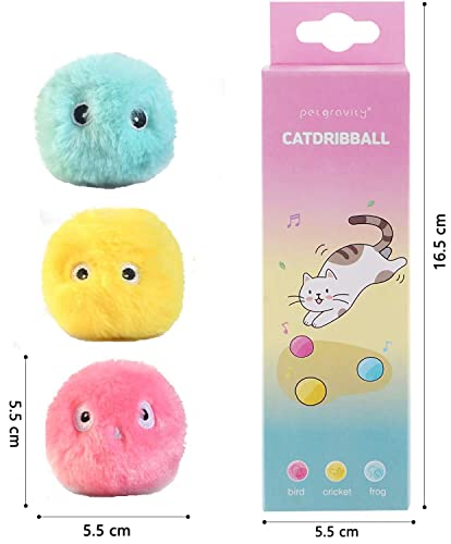 3 Pcs Fluffy Plush Cat Toy Squeaky Balls with Catnip, Newest 3 Lifelike Chirping Balls Animal Sounds-Bird Frog and Cricket, Interactive Fun Cat Toy for Indoor Kittens Exercise Hunting