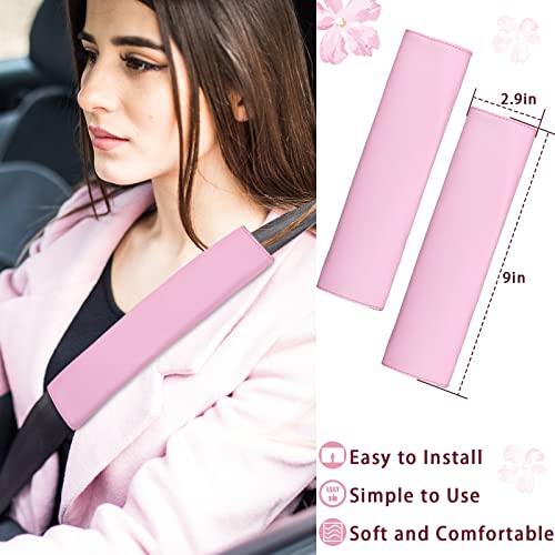 10 Pcs Leather Steering Wheel Cover for Women Cute Car Accessories Set with Seat Belt Shoulder Pads Seatbelt Covers Cup Holders Bling Start Button Ring Sticker Air Vent Clip Car Accessories(Pink)