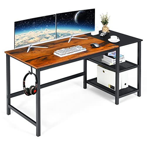 Giantex Industrial Computer Desk, 150cm Large Writing Workstation with 2-Tier Storage Shelf & Headphone Hook, Laptop Study Desk with Heavy-Duty Steel Frame, Spacious Tabletop (Rustic)