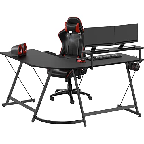 SHW L-Shape Gaming Desk with Monitor Stand for Home Office, Black