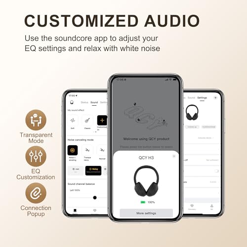 QCY H3 ANC Bluetooth Headphones, Active Noise Cancelling Bluetooth 5.3 Over-Ear Headphone with Microphones, Hi-Res Audio Sound, Multipoint Connection, 60H Playback, Black (Black)