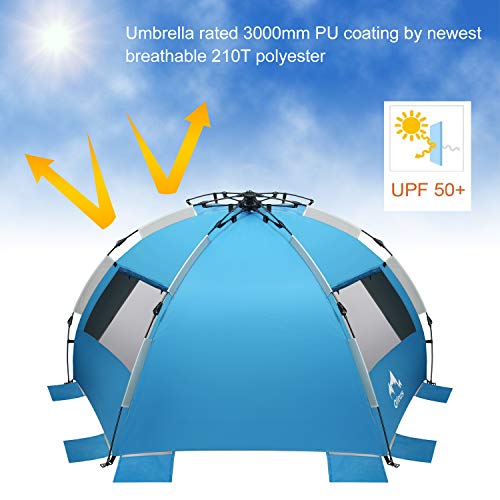 Oileus X-Large 4 Person Beach Tent Sun Shelter - Portable Sun Shade Instant Tent for Beach with Carrying Bag, Stakes, 6 Sand Pockets, Anti UV for Fishing Hiking Camping, Waterproof Windproof, Blue