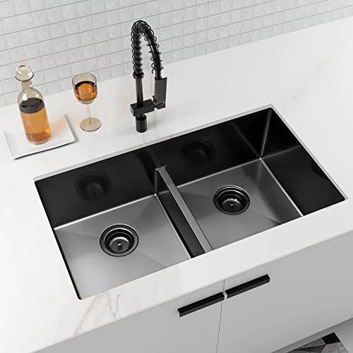 Zeesink Black Kitchen Sink 32" X 18",Double Bowl Kitchen Sink,Low Divide Undermount Kitchen Sink,Black Undermount Double Sink,50/50 Double Bowl 16 Gauge Stainless Steel Kitchen Sink