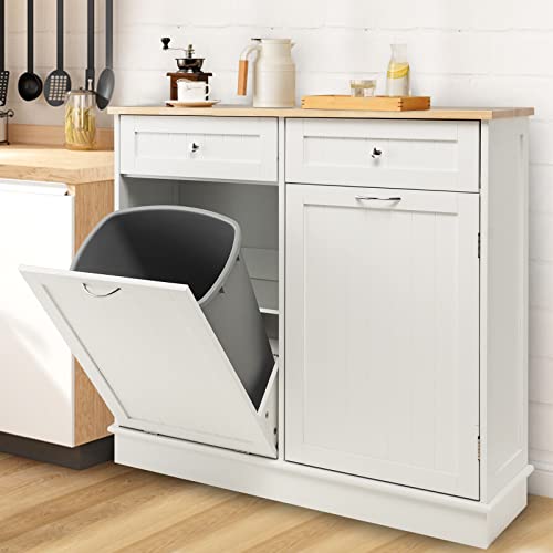 Giantex Kitchen Trash Cabinet, Tilt Out Trash Bin Cabinet with Single Trash Can Holder, Rubber Wood Countertop, Drawers, Adjustable Shelf, Freestanding Recycling Cabinet, Kitchen Island (White)