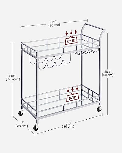 VASAGLE Bar Cart Silver, Home Bar Serving Cart, Wine Cart with 2 Mirrored Shelves, Wine Holders, Glass Holders, for Kitchen, Dining Room, Silver ULRC090E62, 15''Dx35.4''Wx33.9''H