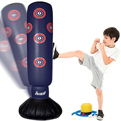 Hazli Inflatable Kids Punching Bag with Stand – Free Standing Boxing Bag for Karate, Taekwondo with Bounce Back– 63’’ Punching Bag with Stand – Freestanding Sport Bag with Air Pump (Navy)