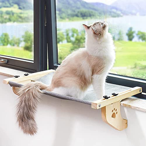 Cat Window Perch Cat Window Hammock Cat Bed with Wood Frame for Large Cats, Easy to Adjust and Assemble Cat Bed for Windowsill, Bedside, Drawer and Cabinet, for Sunbathing, Napping & Overlooking