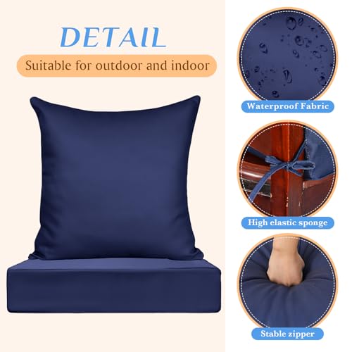 Huwena 6 Pcs Outdoor Deep Seat Chair Cushions Waterproof Patio Chair Cushions Set, Outdoor Cushions for Patio Furniture Replacement, Removable Back Cushion for Chair Sofa Couch(Navy Blue)