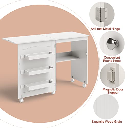 Giantex Folding Sewing Table w/Storage, Rolling Craft Table w/Lockable Casters, 2-in-1 Multifunctional Sewing Machine Cart Table, Home Movable Sewing Desk